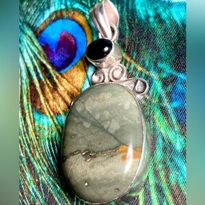 Large Vintage American Jasper Onyx Southwestern Style Sterling Silver Pendant
